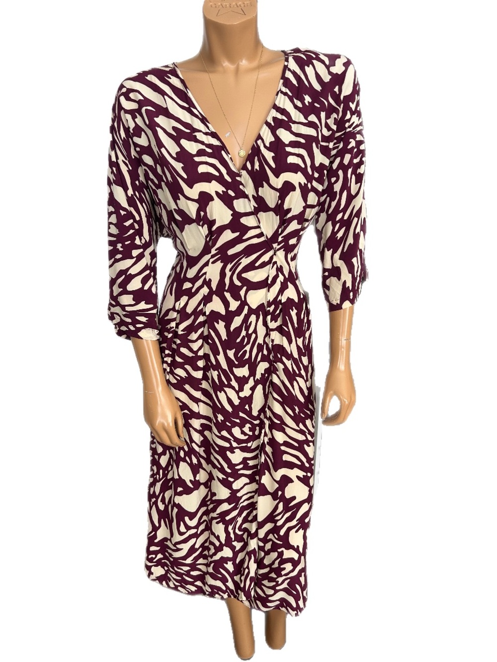 ba&sh Burgundy and Cream Abstract Wrap Midi Dress
